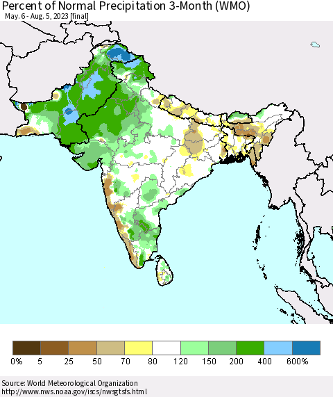 Southern Asia Percent of Normal Precipitation 3-Month (WMO) Thematic Map For 5/6/2023 - 8/5/2023