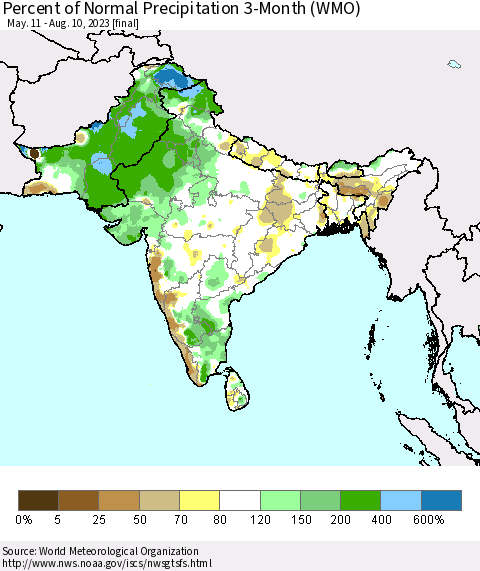 Southern Asia Percent of Normal Precipitation 3-Month (WMO) Thematic Map For 5/11/2023 - 8/10/2023