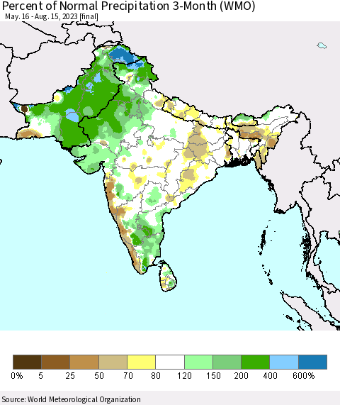 Southern Asia Percent of Normal Precipitation 3-Month (WMO) Thematic Map For 5/16/2023 - 8/15/2023
