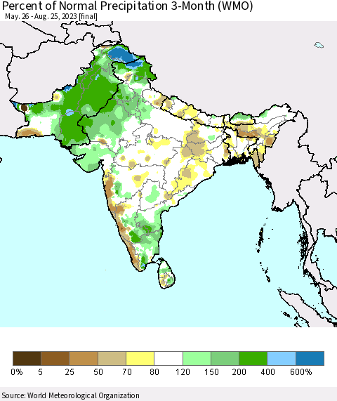Southern Asia Percent of Normal Precipitation 3-Month (WMO) Thematic Map For 5/26/2023 - 8/25/2023