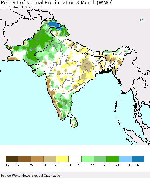Southern Asia Percent of Normal Precipitation 3-Month (WMO) Thematic Map For 6/1/2023 - 8/31/2023