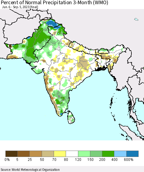 Southern Asia Percent of Normal Precipitation 3-Month (WMO) Thematic Map For 6/6/2023 - 9/5/2023