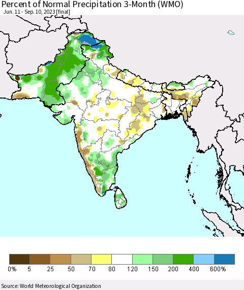 Southern Asia Percent of Normal Precipitation 3-Month (WMO) Thematic Map For 6/11/2023 - 9/10/2023
