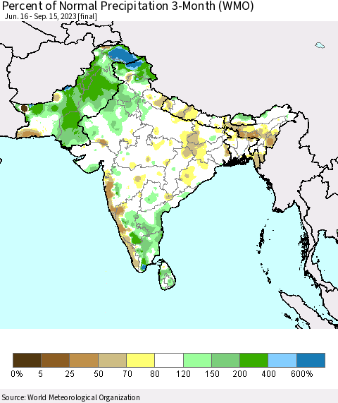 Southern Asia Percent of Normal Precipitation 3-Month (WMO) Thematic Map For 6/16/2023 - 9/15/2023