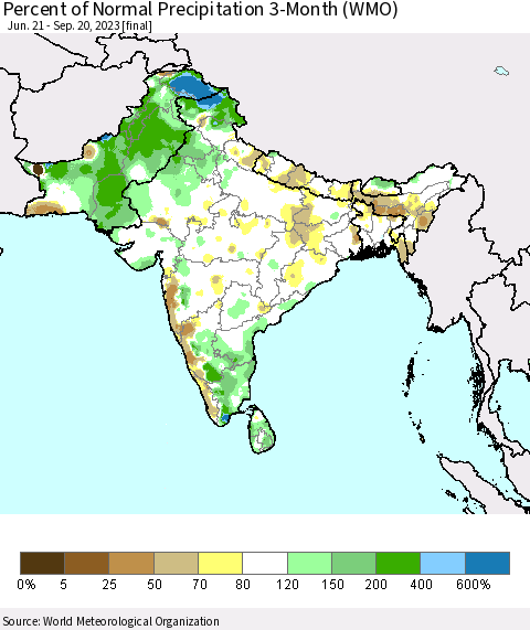 Southern Asia Percent of Normal Precipitation 3-Month (WMO) Thematic Map For 6/21/2023 - 9/20/2023