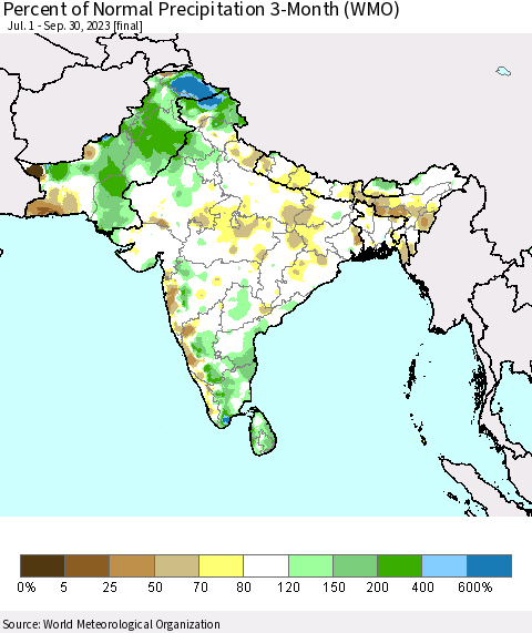 Southern Asia Percent of Normal Precipitation 3-Month (WMO) Thematic Map For 7/1/2023 - 9/30/2023