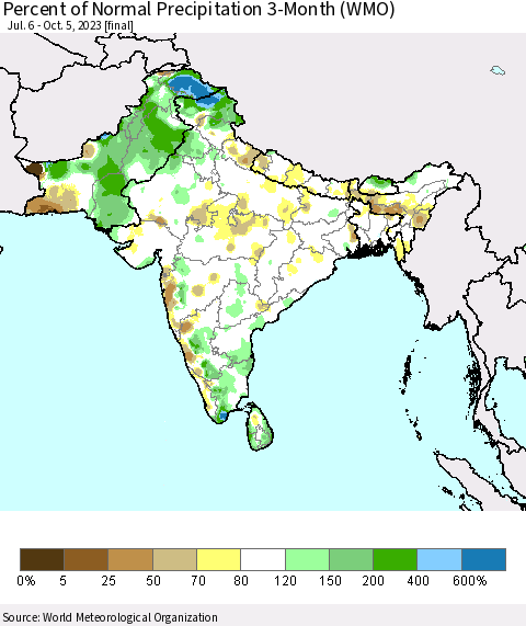 Southern Asia Percent of Normal Precipitation 3-Month (WMO) Thematic Map For 7/6/2023 - 10/5/2023