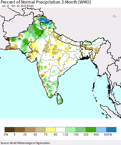 Southern Asia Percent of Normal Precipitation 3-Month (WMO) Thematic Map For 7/11/2023 - 10/10/2023