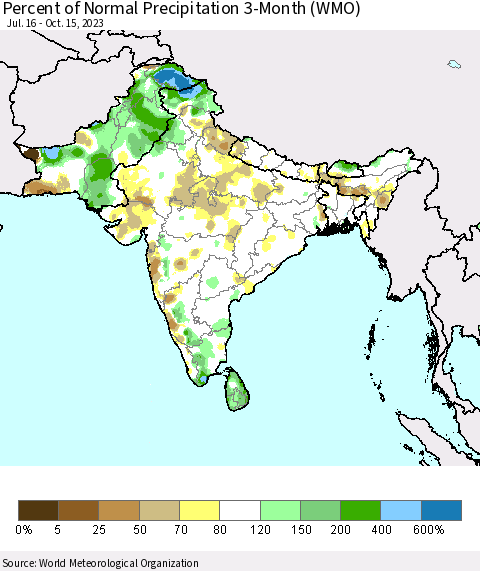 Southern Asia Percent of Normal Precipitation 3-Month (WMO) Thematic Map For 7/16/2023 - 10/15/2023