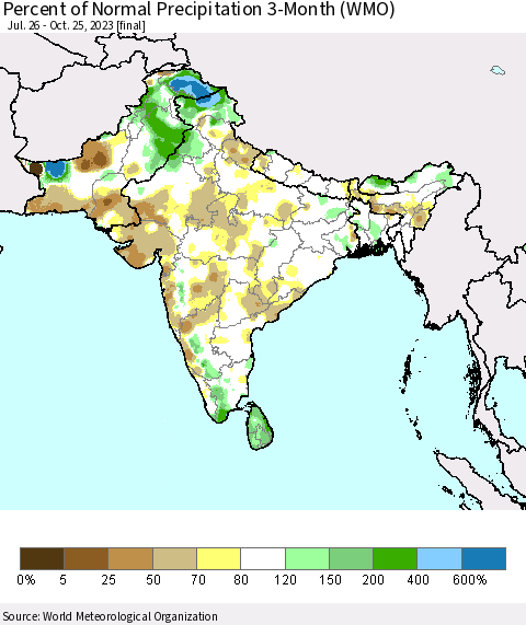 Southern Asia Percent of Normal Precipitation 3-Month (WMO) Thematic Map For 7/26/2023 - 10/25/2023