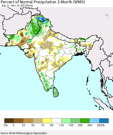 Southern Asia Percent of Normal Precipitation 3-Month (WMO) Thematic Map For 8/11/2023 - 11/10/2023