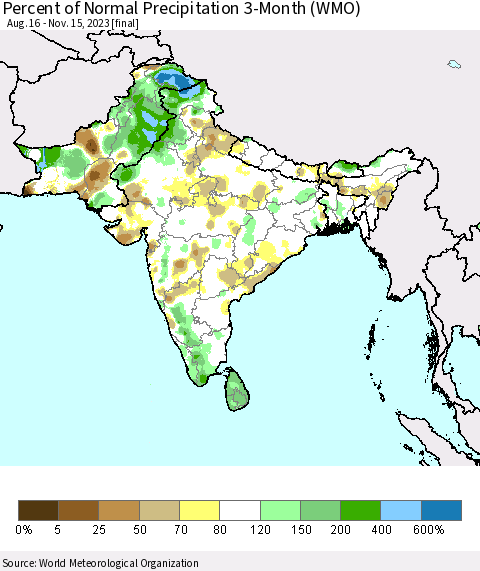 Southern Asia Percent of Normal Precipitation 3-Month (WMO) Thematic Map For 8/16/2023 - 11/15/2023