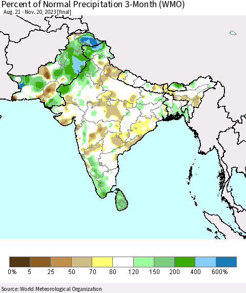 Southern Asia Percent of Normal Precipitation 3-Month (WMO) Thematic Map For 8/21/2023 - 11/20/2023