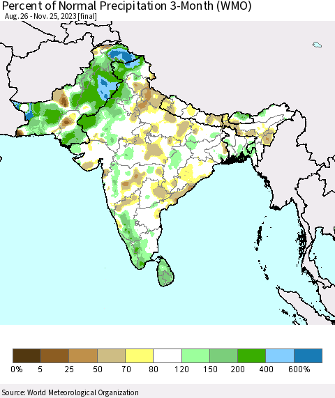 Southern Asia Percent of Normal Precipitation 3-Month (WMO) Thematic Map For 8/26/2023 - 11/25/2023