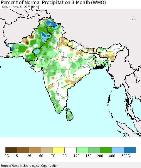 Southern Asia Percent of Normal Precipitation 3-Month (WMO) Thematic Map For 9/1/2023 - 11/30/2023
