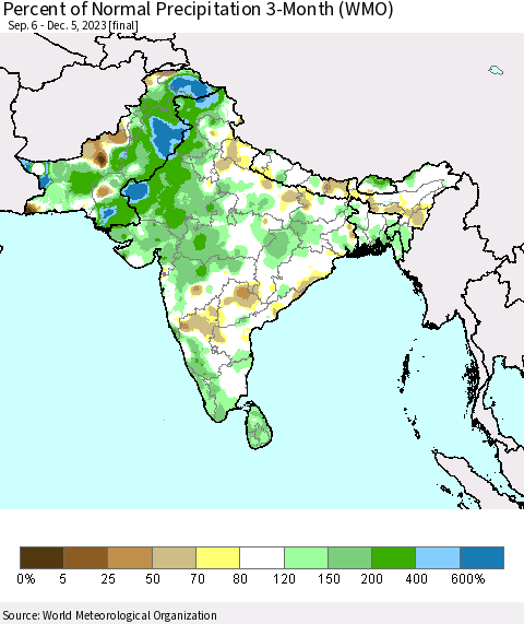 Southern Asia Percent of Normal Precipitation 3-Month (WMO) Thematic Map For 9/6/2023 - 12/5/2023