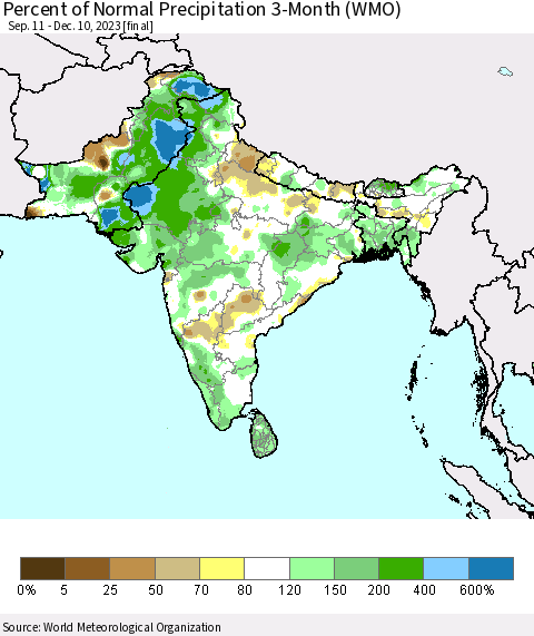 Southern Asia Percent of Normal Precipitation 3-Month (WMO) Thematic Map For 9/11/2023 - 12/10/2023