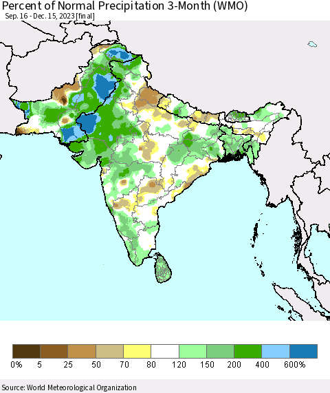 Southern Asia Percent of Normal Precipitation 3-Month (WMO) Thematic Map For 9/16/2023 - 12/15/2023