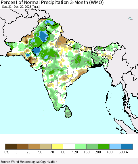 Southern Asia Percent of Normal Precipitation 3-Month (WMO) Thematic Map For 9/21/2023 - 12/20/2023