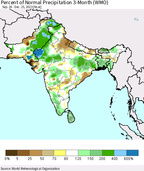 Southern Asia Percent of Normal Precipitation 3-Month (WMO) Thematic Map For 9/26/2023 - 12/25/2023