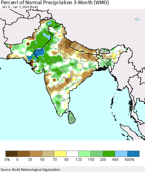 Southern Asia Percent of Normal Precipitation 3-Month (WMO) Thematic Map For 10/6/2023 - 1/5/2024
