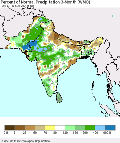 Southern Asia Percent of Normal Precipitation 3-Month (WMO) Thematic Map For 10/11/2023 - 1/10/2024