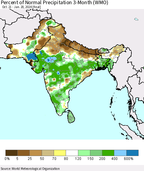 Southern Asia Percent of Normal Precipitation 3-Month (WMO) Thematic Map For 10/21/2023 - 1/20/2024