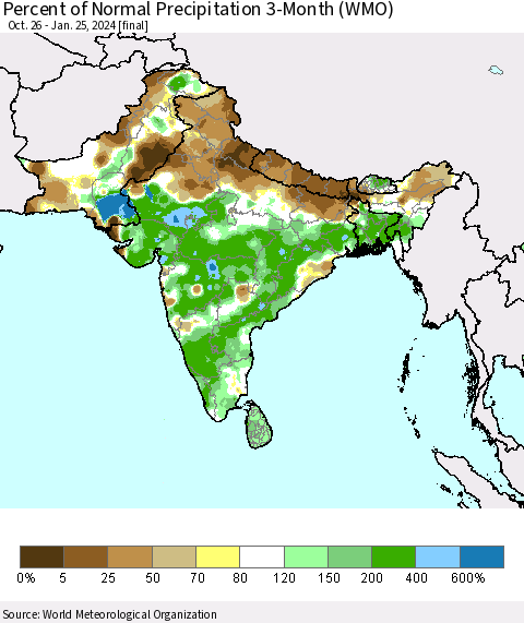 Southern Asia Percent of Normal Precipitation 3-Month (WMO) Thematic Map For 10/26/2023 - 1/25/2024