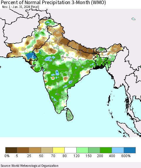 Southern Asia Percent of Normal Precipitation 3-Month (WMO) Thematic Map For 11/1/2023 - 1/31/2024