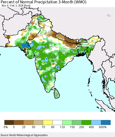 Southern Asia Percent of Normal Precipitation 3-Month (WMO) Thematic Map For 11/6/2023 - 2/5/2024