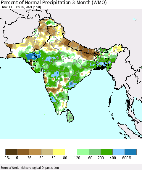 Southern Asia Percent of Normal Precipitation 3-Month (WMO) Thematic Map For 11/11/2023 - 2/10/2024