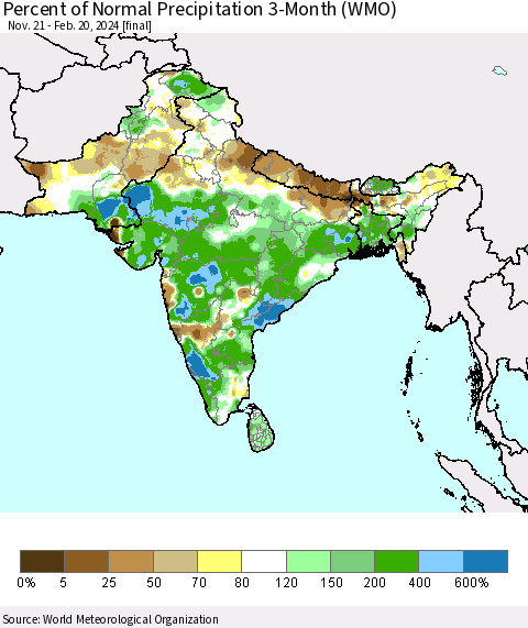 Southern Asia Percent of Normal Precipitation 3-Month (WMO) Thematic Map For 11/21/2023 - 2/20/2024