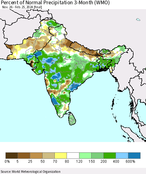 Southern Asia Percent of Normal Precipitation 3-Month (WMO) Thematic Map For 11/26/2023 - 2/25/2024