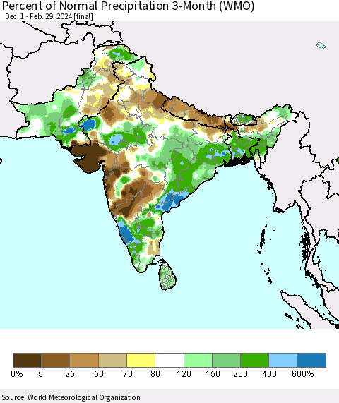 Southern Asia Percent of Normal Precipitation 3-Month (WMO) Thematic Map For 12/1/2023 - 2/29/2024