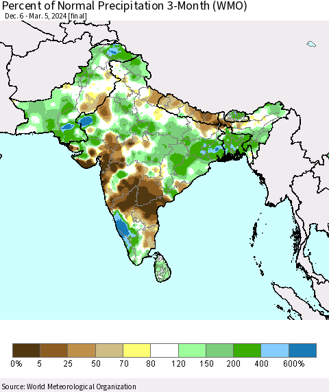 Southern Asia Percent of Normal Precipitation 3-Month (WMO) Thematic Map For 12/6/2023 - 3/5/2024