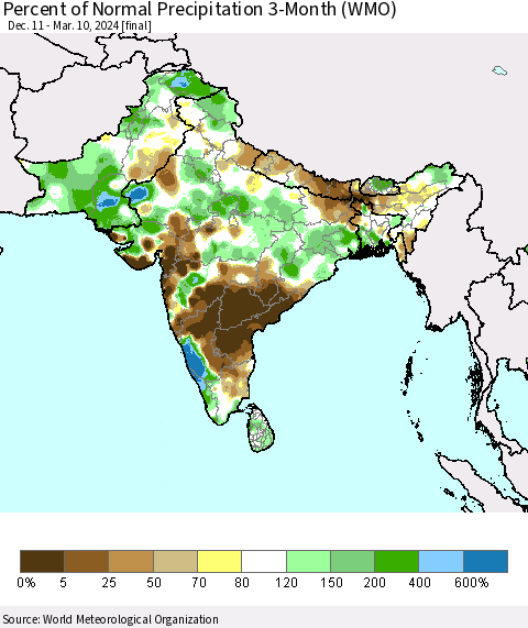 Southern Asia Percent of Normal Precipitation 3-Month (WMO) Thematic Map For 12/11/2023 - 3/10/2024
