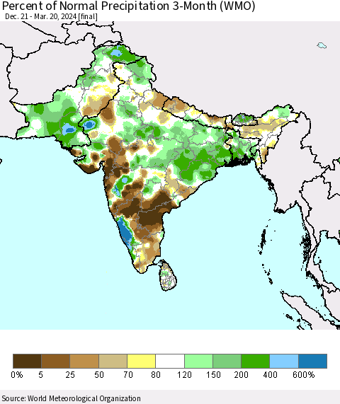 Southern Asia Percent of Normal Precipitation 3-Month (WMO) Thematic Map For 12/21/2023 - 3/20/2024