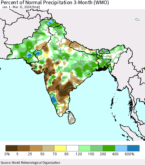 Southern Asia Percent of Normal Precipitation 3-Month (WMO) Thematic Map For 1/1/2024 - 3/31/2024