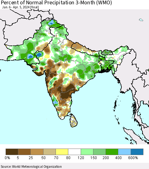 Southern Asia Percent of Normal Precipitation 3-Month (WMO) Thematic Map For 1/6/2024 - 4/5/2024