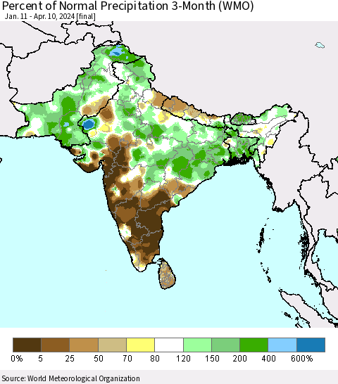Southern Asia Percent of Normal Precipitation 3-Month (WMO) Thematic Map For 1/11/2024 - 4/10/2024