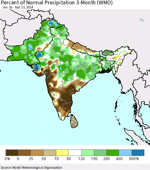 Southern Asia Percent of Normal Precipitation 3-Month (WMO) Thematic Map For 1/16/2024 - 4/15/2024
