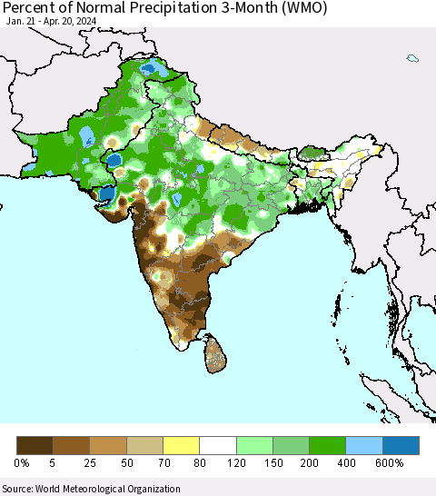 Southern Asia Percent of Normal Precipitation 3-Month (WMO) Thematic Map For 1/21/2024 - 4/20/2024