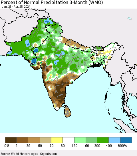 Southern Asia Percent of Normal Precipitation 3-Month (WMO) Thematic Map For 1/26/2024 - 4/25/2024