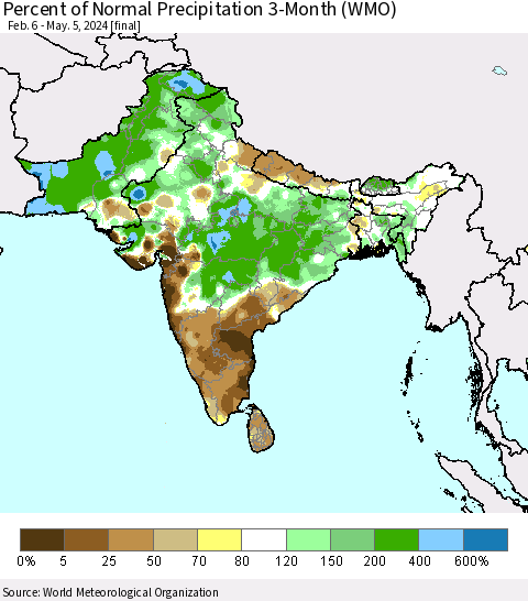 Southern Asia Percent of Normal Precipitation 3-Month (WMO) Thematic Map For 2/6/2024 - 5/5/2024
