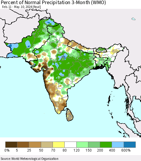 Southern Asia Percent of Normal Precipitation 3-Month (WMO) Thematic Map For 2/11/2024 - 5/10/2024