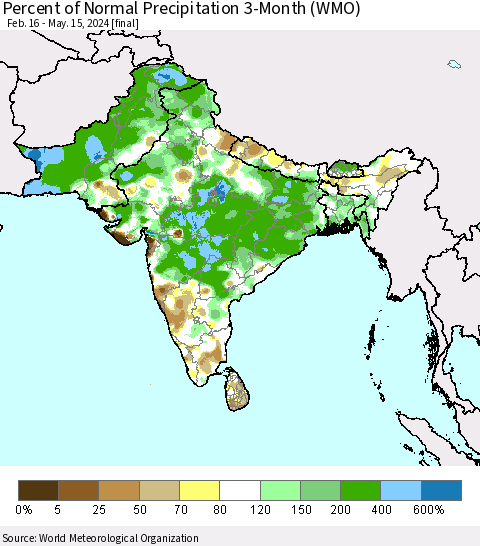 Southern Asia Percent of Normal Precipitation 3-Month (WMO) Thematic Map For 2/16/2024 - 5/15/2024