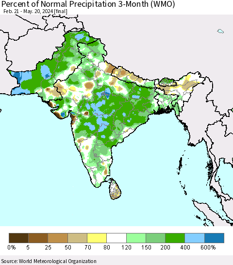 Southern Asia Percent of Normal Precipitation 3-Month (WMO) Thematic Map For 2/21/2024 - 5/20/2024