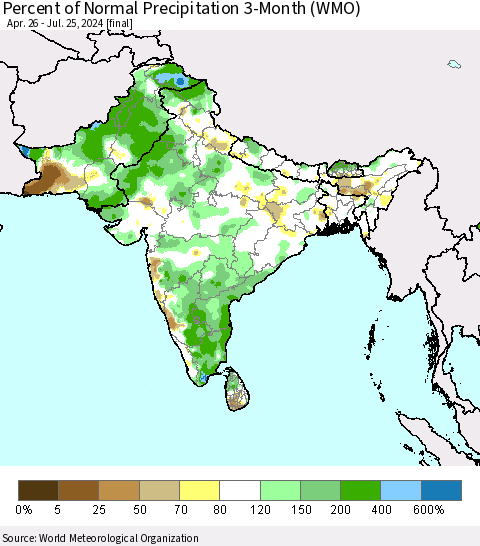 Southern Asia Percent of Normal Precipitation 3-Month (WMO) Thematic Map For 4/26/2024 - 7/25/2024