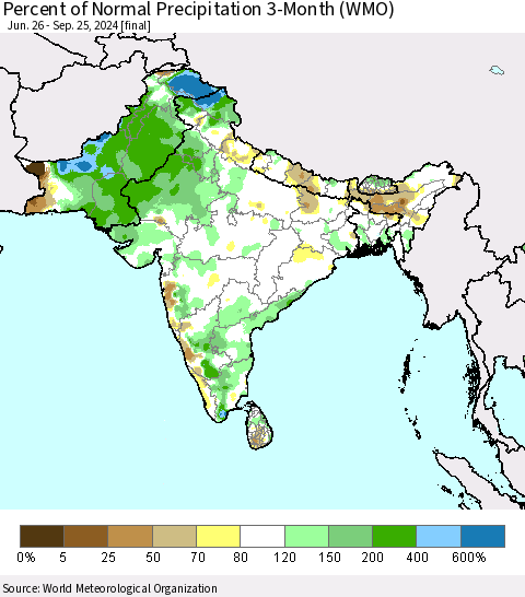 Southern Asia Percent of Normal Precipitation 3-Month (WMO) Thematic Map For 6/26/2024 - 9/25/2024