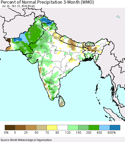 Southern Asia Percent of Normal Precipitation 3-Month (WMO) Thematic Map For 7/16/2024 - 10/15/2024